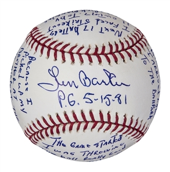 Len Barker Autographed and Long Inscription "Perfect Game" OML Selig Story Baseball (Beckett)